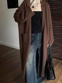 Livesso 女士纯棕色长款针织开衫，宽松商务休闲优雅毛衣，适合秋冬季 - 棕色 - 查看 2