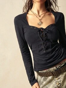 Bohemela 波西米亚风纯色针织长袖心形领抽绳系带女式衬衫，秋冬款，黑色上衣 - 黑色 - 查看 4