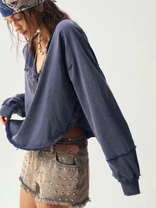 Bohemela 波西米亚风女士休闲纯色不对称下摆圆领半开襟宽松长袖水洗宽松卫衣，饰有星星图案，复古西部乡村风格，适合音乐会、度假、返校、万圣节等场合，秋冬季穿着。 - 藏蓝色 - 查看 1