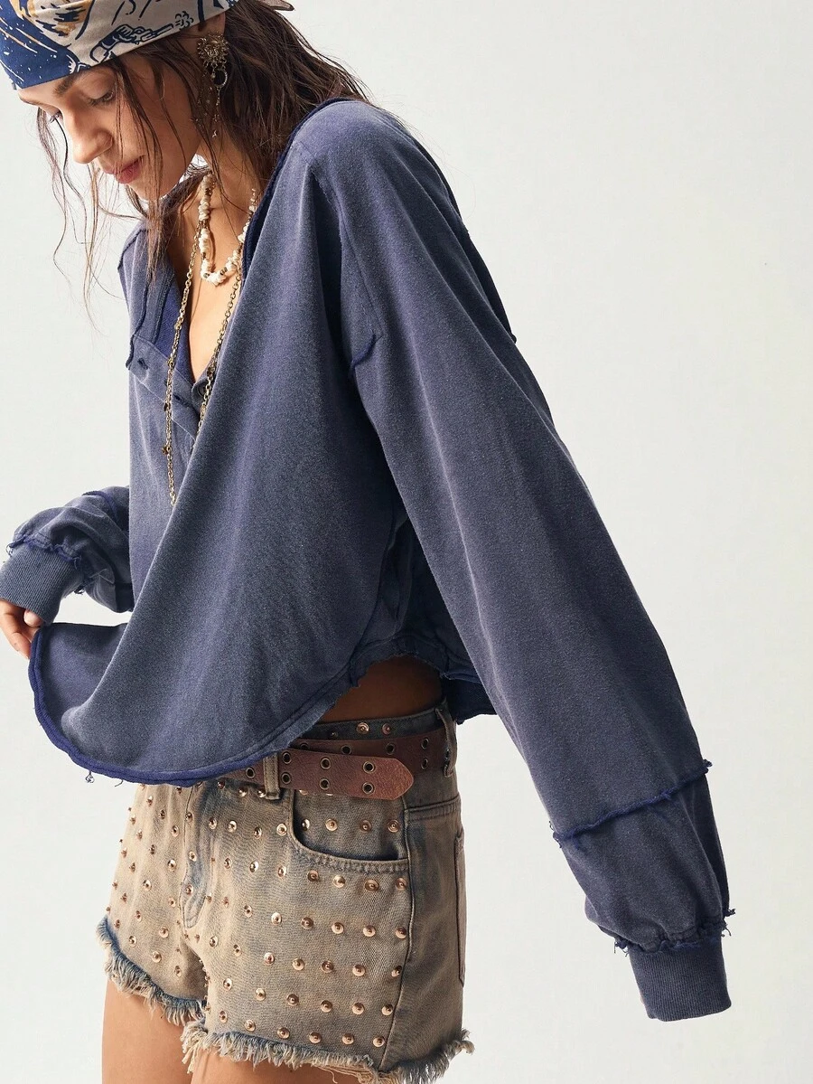Bohemela 波西米亚风女士休闲纯色不对称下摆圆领半开襟宽松长袖水洗宽松卫衣，饰有星星图案，复古西部乡村风格，适合音乐会、度假、返校、万圣节等场合，秋冬季穿着。 - 藏蓝色 - 查看 1