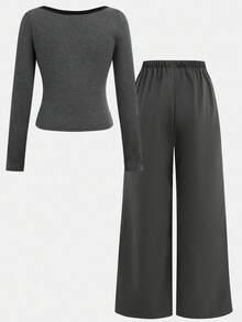 SHEIN 2 piezas Conjunto casual de niña preadolescente con top de manga larga acanalado con ribete de contraste y botón, combinado con pantalones anchos plisados, estilo casual escolar, adecuado para uso casual, regreso a clases, ceremonia de apertura, uso diario, escuela, viajes, deportes, otoño/invierno - Gris - Ver 2