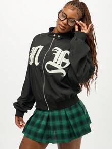 SUMWON WOMEN 女式短款校园飞行员哥特印花夹克轻便黑色机车秋冬外套经典纽约哥特街头风拉链立领 - 黑色 - 查看 3