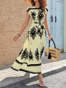 Breezaya Women Floral Print Round Neck Cap Sleeve Ruffle Hem Vacation Dress - Apricot - View 4