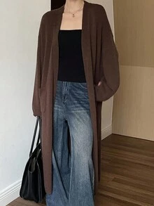 Livesso 女士纯棕色长款针织开衫，宽松商务休闲优雅毛衣，适合秋冬季 - 棕色 - 查看 7