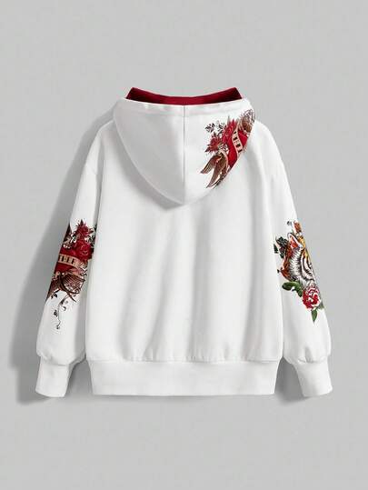 Grunge Punk Sweat-shirt-shirt ajusté à capuche avec imprimé de faux tatouage de tigre et de vigne, style subculture Y2K pour femmes