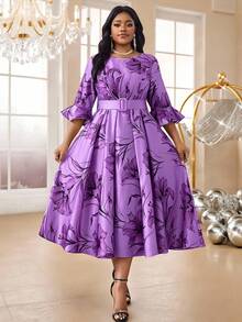 Fleurora Váy chữ A tay chuông thắt đai màu hồng cho mùa xuân và mùa hè, mùa thu và mùa đông, tiệc cưới sang trọng, tiệc cocktail, tiệc Giáng sinh, cỡ lớn, phối đồ - Màu tím - Xem 4