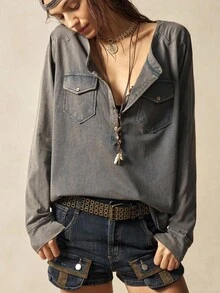 Bohemela 大码女式休闲水洗复古半扣衬衫 - 黑色 - 查看 1