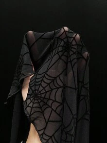 EgrlEra Women's Punk Style Black Flocked Spider Web Mesh Ruched Long Sleeve Dress, Suitable For Party - Black - View 6