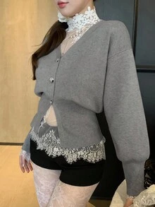 DAZY Women's Fashion Elegant Grey Autumn Waist Cinched Cardigan,High Collar Lace Trim Mesh Patchwork Layering Sweater,Suitable For Wedding,Party,Casual - Grey - View 7