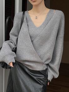 DAZY Ensemble élégant de 2 pièces pour le bureau/la maison : pull tricoté ample à encolure en V et débardeur minimaliste de couleur unie, convient pour l'automne et l'hiver - Gris - Voir 3