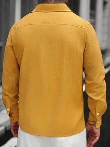 Manfinity Homme Men's Solid Yellow Bamboo Texture Casual Fashion Cuban Collar Long Sleeve Shirt, Fall - Yellow - View 2