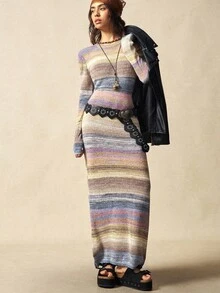 Bohemela 秋冬女士扎染印花圆领修身优雅长袖毛衣裙 - 彩色 - 查看 4