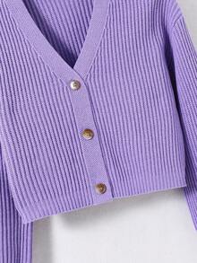 SHEIN Tween Girl Solid Color V-Neck Button Front Long Sleeve Cardigan Fall Winter - Mauve Purple - View 4