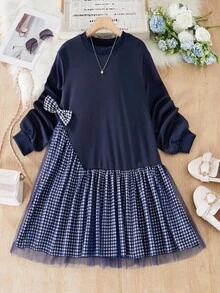 SHEIN 少女休閒優雅格紋拼接針織布料蝴蝶結裝飾網紗通勤可愛自然優雅A字洋裝 秋冬洋裝 - 藏蓝色 - 查看 8