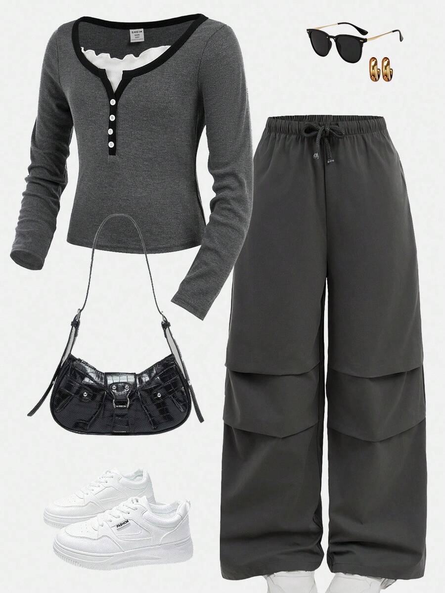 SHEIN 2 piezas Conjunto casual de niña preadolescente con top de manga larga acanalado con ribete de contraste y botón, combinado con pantalones anchos plisados, estilo casual escolar, adecuado para uso casual, regreso a clases, ceremonia de apertura, uso diario, escuela, viajes, deportes, otoño/invierno - Gris - Ver 1