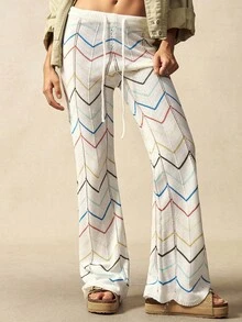 Bohemela Pantalones de punto con cintura con cordón y estampado de zigzag, para mujer, de otoño - Camel - Ver 5