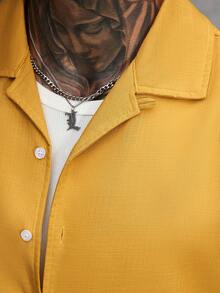 Manfinity Homme Men's Solid Yellow Bamboo Texture Casual Fashion Cuban Collar Long Sleeve Shirt, Fall - Yellow - View 6
