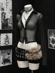 EgrlEra Women's Striped Patchwork Sexy Front Button Long Sleeve Shirt - Black - View 6