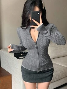 Women's Textured Cable Knit Sexy Fitted Sporty Sweater, Color Block Lace Patchwork Stand Collar Casual Cardigan, Autumn/Winter - Grey - View 1