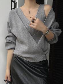 DAZY Ensemble élégant de 2 pièces pour le bureau/la maison : pull tricoté ample à encolure en V et débardeur minimaliste de couleur unie, convient pour l'automne et l'hiver - Gris - Voir 2