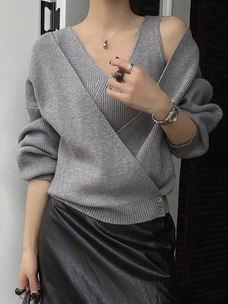 Elegant Office/Home Wear 2pcs Set: Loose V-Neck Knit Sweater & Solid Color Minimalist Camisole, Suitable For Autumn & Winter