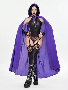 ROMWE Avant 2 piezas Disfraz de Halloween para Mujer - Mono con nudo delantero y capa con capucha morada - Multicolor - Ver 3