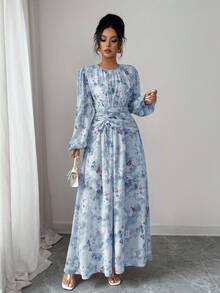 Modelyn 女式夏季雪纺蝴蝶印花褶饰圆领长袖连衣裙 - 藍色 - 查看 3