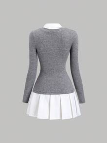 Sweetra Váy ngắn thêu họa tiết cổ áo sơ mi phong cách sinh viên giản dị mùa thu/đông dành cho nữ - Xám - Xem 2