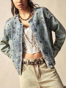 Bohemela Autumn/Winter Boho Casual Solid Color Woven Metal Eyelet Denim Loose Fit Cropped Jacket For Women