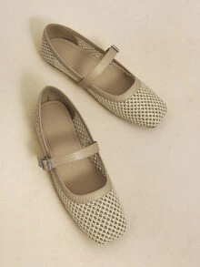 Rosivie 杏仁圆头编织网眼平底鞋，时尚简约舒适透气扣带女式平底鞋，波西米亚西部音乐节派对装 - 杏色 - 查看 1