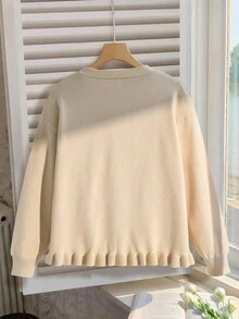 Suéter casual de manga larga con cuello en V y estampado de jacquard de girasol lindo para niñas preadolescentes - Albaricoque - Ver 2