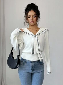 Elenzga Casual Commute Colorblock Striped Sailor Collar Sweater - Apricot - View 4