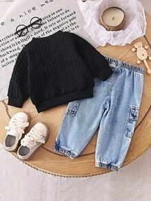 SHEIN Playful Pals 2pcs Baby Boy Letter Print Long Sleeve Sweatshirt And Cargo Pants Set - Black - View 2