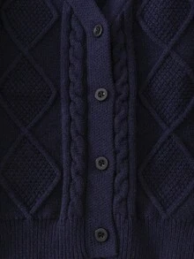 SHEIN Vintaside Kids Cárdigan para niñas, azul marino, suéter de punto grueso con patrón de trenzado de cuerda, diseño clásico de diamante, versátil y cómodo, cálido para Halloween, Navidad, primavera y otoño - azul real - Ver 5