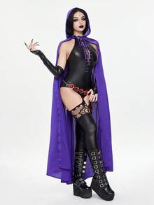 ROMWE Avant 2 piezas Disfraz de Halloween para Mujer - Mono con nudo delantero y capa con capucha morada - Multicolor - Ver 5