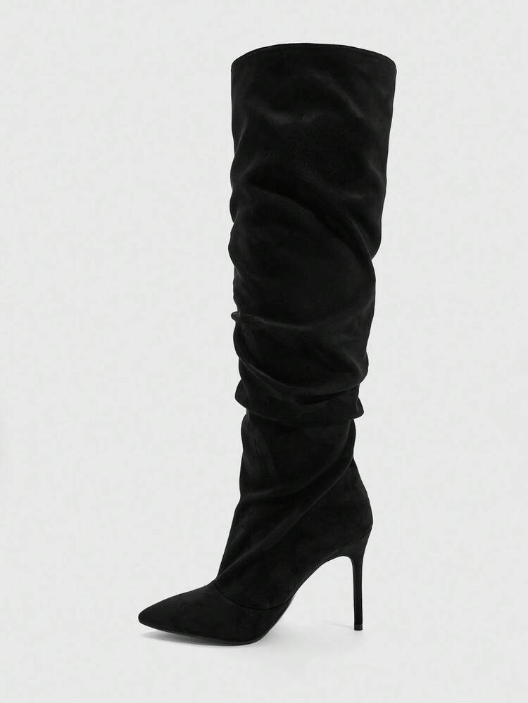 CUCCOO SZL Women's Fashion Pointed Toe Ruched Thigh High Boots, Stiletto Heel, Suitable For Dates And Parties For Christmas Spring Shoes Fall Shoes - Black - View 4