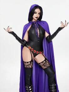 ROMWE Avant 2 piezas Disfraz de Halloween para Mujer - Mono con nudo delantero y capa con capucha morada - Multicolor - Ver 6