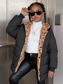 Sparklyn Tween Girls' Casual All-Match Versatile Daily Leopard Print Quilted Long Padded Coat With Hood, Autumn/Winter Fall - Black - View 3