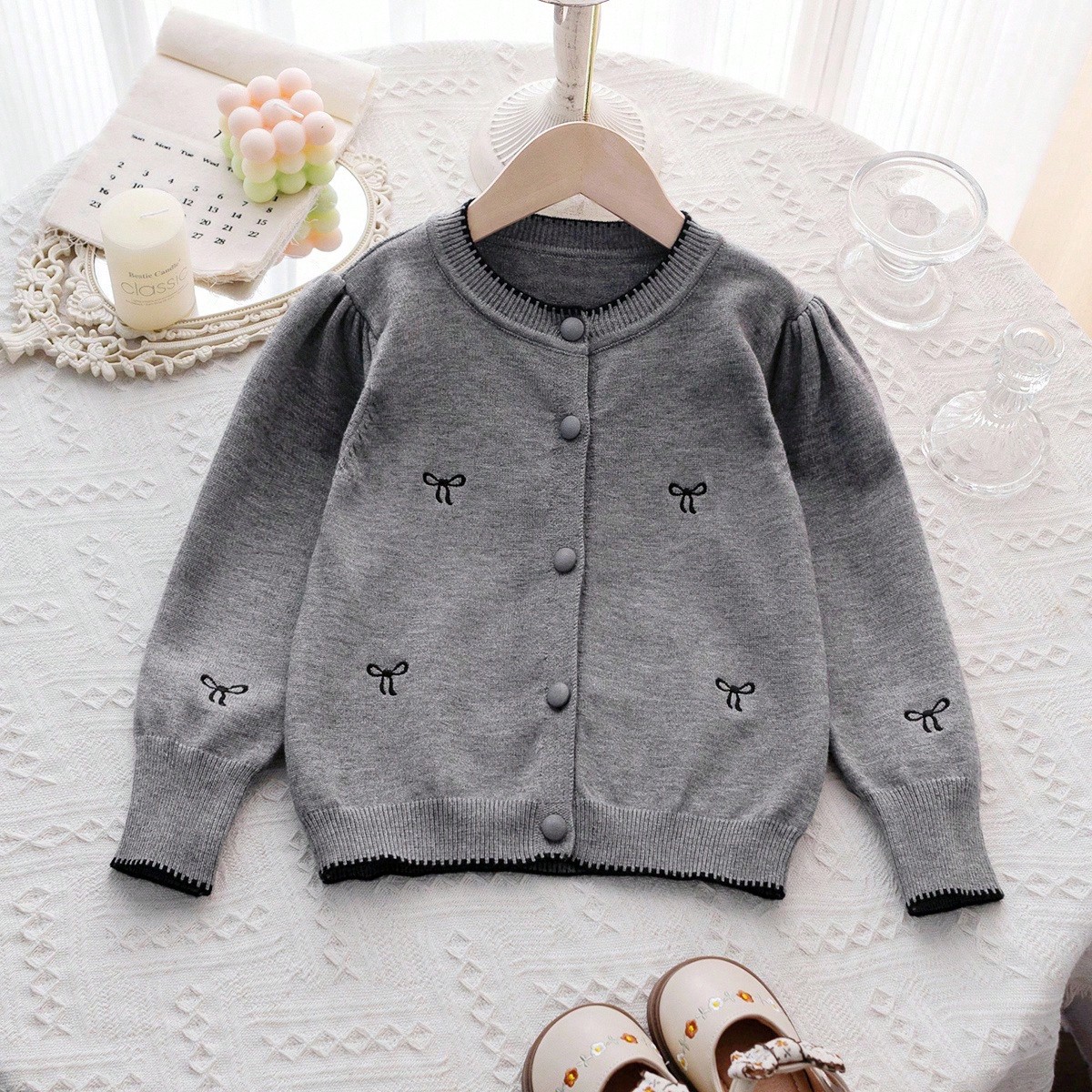 Chaqueta de cárdigan de punto con cuello Peter Pan, manga larga, para niña