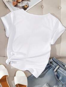 EMERY ROSE Áo thun nữ tay ngắn cổ chữ V ôm sát, tối giản, cỡ lớn, phù hợp cho mùa hè - trắng - Xem 4
