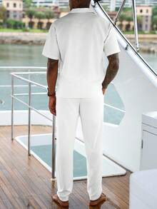VENTUSAIL 男士夏季纯色短袖单排扣衬衫和裤子休闲西装 - 白色 - 查看 2