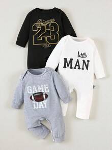 SHEIN Playful Pals 3pcs Baby Boy Casual Outfits, Letter Print Crew Neck Long Sleeve Jumpsuit, Autumn - Multicolor - View 3