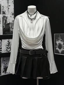 EgrlEra Women's Solid Color Long Sleeve Elegant Ruffled Collar Blouse - White - View 1