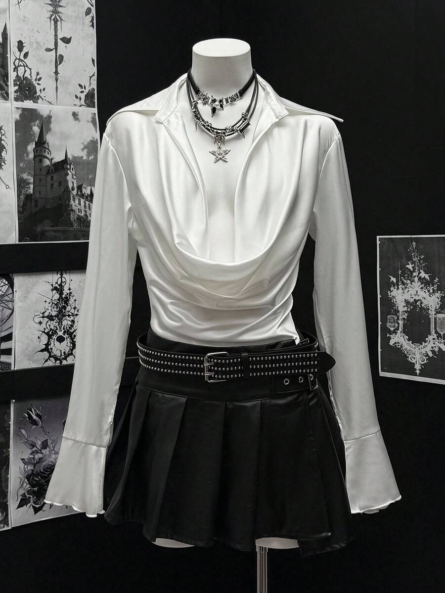 EgrlEra Women's Solid Color Long Sleeve Elegant Ruffled Collar Blouse - White - View 1