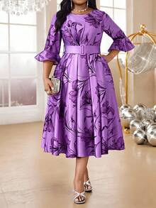 Fleurora Váy chữ A tay chuông thắt đai màu hồng cho mùa xuân và mùa hè, mùa thu và mùa đông, tiệc cưới sang trọng, tiệc cocktail, tiệc Giáng sinh, cỡ lớn, phối đồ - Màu tím - Xem 3