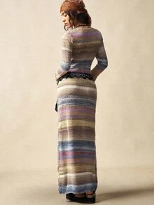 Bohemela 秋冬女士扎染印花圆领修身优雅长袖毛衣裙 - 彩色 - 查看 5