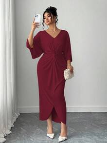 Elenzga 大码女式优雅针织高弹力V领扭纹设计蝙蝠袖中长连衣裙 - 酒紅色 - 查看 5