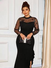 Cravure Women's Plus Size Elastic Mesh Splicing Hot Diamond Slim Fit Elegant Long Slit Fishtail Dress Club Party Spring Dress Evening Dress Formal Women Dresses Fall Cloth For Women