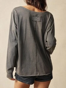 Bohemela 大码女式休闲水洗复古半扣衬衫 - 黑色 - 查看 7