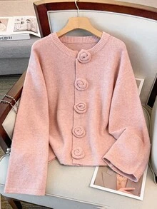 GlowEve CURVE Plus Size Women Elegant Floral Button Knit Cardigan Sweater Winter Fall Autumn - Pink - View 1